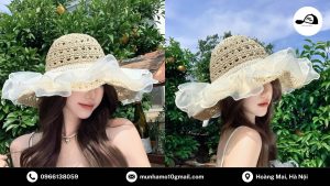 Một trong các loại mũ đi biển nữ đẹp – mũ cói rộng vành phối nơ